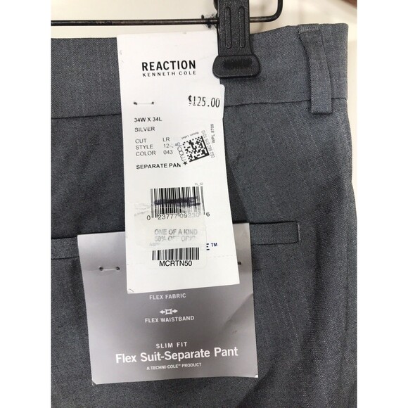 Kenneth Cole Reaction Men's 34 x 34 Slim Grey Flat Front Dress Pants - Picture 4 of 11